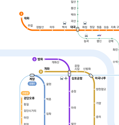 인천 북부, 김포, 일산 일대 현행 지하철 노선도. 네이버