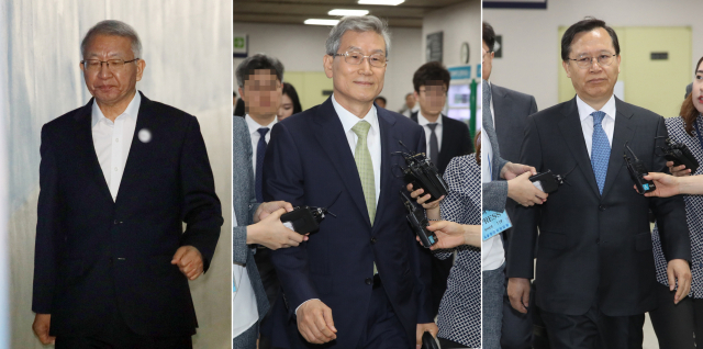 사법행정권 남용 혐의로 기소된 양승태 전 대법원장(왼쪽부터), 고영한, 박병대 전 대법관이 29일 오전 공판이 열리는 서울중앙지법 법정으로 향하고 있다. 연합뉴스