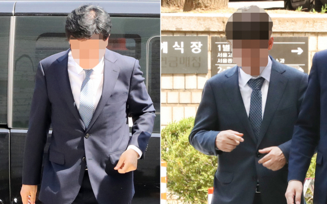 삼성바이오로직스(삼성바이오) 분식회계 의혹과 관련해 증거인멸을 지시한 혐의로 구속영장이 청구된 안모 삼성전자 사업지원TF 부사장(왼쪽)과 이모 삼성전자 재경팀 부사장이 4일 오전 서울 서초동 서울중앙지법에서 열린 영장실질심사에 참석하기 위해 법원으로 들어서고 있다. 연합뉴스