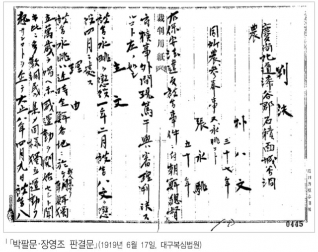 박팔문, 장용조 2심 판결문. 장성기씨 제공.