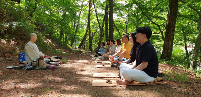 동화사 태교교실에 참가한 수강생들이 정행(왼쪽) 스님의 지도로 숲속 명상을 하고 있다. 동화사 제공