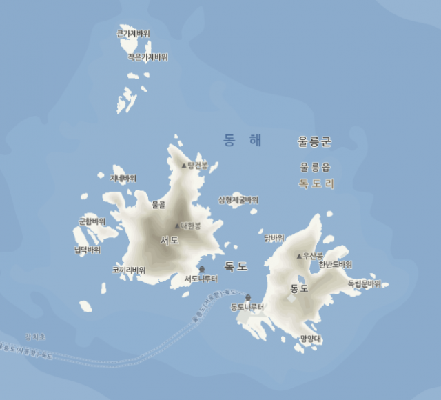 독도. 오른쪽이 동도, 왼쪽이 서도. 네이버 지도