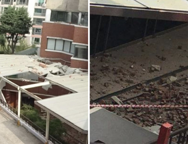 20일 오전 4시 대구 영남고등학교 급식소 외벽 벽돌이 떨어져 내리는 사고가 발생했다. 오른쪽은 떨어진 벽돌 흔적. 독자 제공