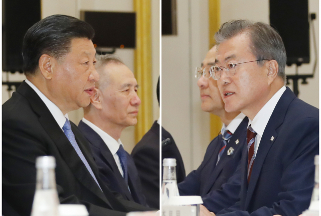 지난 6월 27일 문재인 대통령이 G20(주요 20개국) 정상회의 참석해 일본 오사카 웨스틴호텔에서 시진핑 중국 국가주석과 회담하는 모습. 연합뉴스