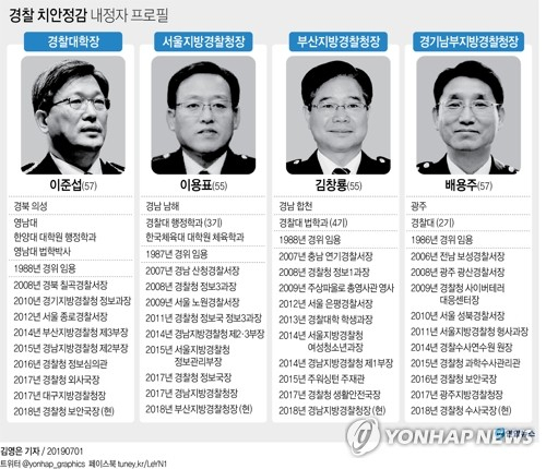 정부는 1일 이용표 부산지방경찰청장(치안정감)을 서울지방경찰청장(치안정감)으로 전보·내정하는 등 경찰 치안정감 승진·전보인사를 단행했다. 이준섭 경찰청 보안국장은 경찰대학장으로, 김창룡 경남지방경찰청장은 부산지방경찰청장으로, 배용주 경찰청 수사국장은 경기남부경찰청장으로 각각 승진과 함께 내정됐다. 연합뉴스 연합뉴스