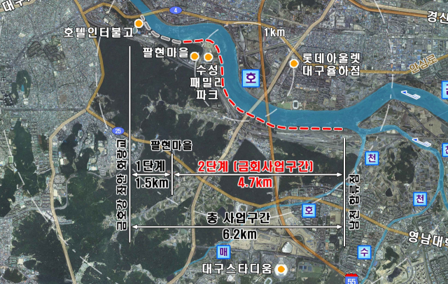 내년 상반기 착공을 앞둔 금호강변 산책로 요도. 1단계 1.5km 구간은 대구시가 진행중이다. 수성구청 제공.