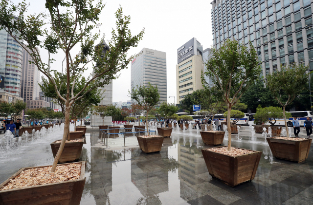 6월 30일 서울 광화문 광장 우리공화당(구 대한애국당) 관계자들이 천막 시위를 벌이던 장소에 서울시에서 설치한 대형 화분이 놓여 있다. 연합뉴스