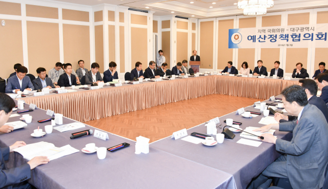 권영진 대구시장을 비롯한 대구시 간부 공무원이 3일 오전 국회에서 여야 대구 국회의원과 함께 예산정책협의회를 갖고 있다. 대구시 제공