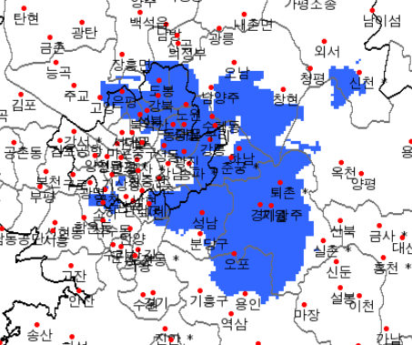 [레이더날씨영상] 5일 오후 10시 40분 서울 동쪽(강북, 강동, 송파 등), 남양주, 성남 등 수도권 중부 일부 비구름. 기상청
