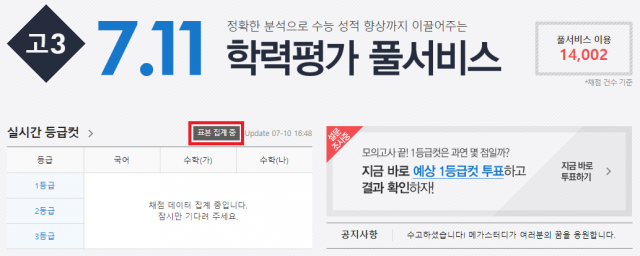 메가스터디 등급컷 발표 메인화면. 메가스터디