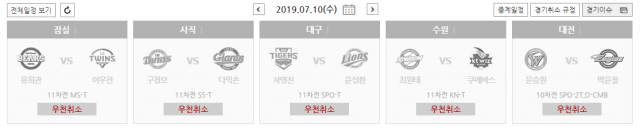 [속보] 10일 프로야구 전 구장 경기 우천취소…대전 대구 사직 잠실 수원. KBO 홈페이지