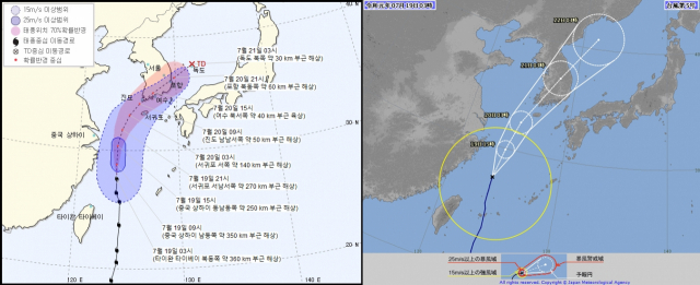 태풍 다나스 예상경로. 왼쪽 한국 기상청 19일 오전 4시 발표. 오른쪽 일본기상청 19일 오전 3시 발표