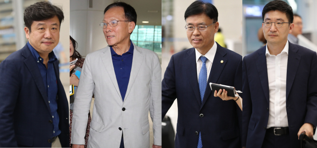 한미일 의원회의 참석차 미국을 방문한 바른미래당 유의동(왼쪽부터), 민주당 이수혁, 자유한국당 최교일·김세연 의원이 28일 오후 인천국제공항을 통해 귀국하고 있다. 연합뉴스