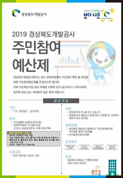 경상북도개발공사가 주민참여예산제를 시행한다. 경북도민 또는 지역사업자 관계자는 누구나 신규 사업을 제안할 수 있다. 경북개발공사 제공