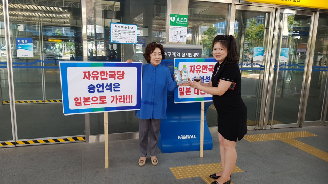 배영애 더불어민주당 김천지역위원장이 송언석 자유한국당 의원의 한일청구권에 개인청구권이 포함돼 있다는 발언에 항의해 1인 시위를 하고 있다. 더불어민주당 김천지역위원회 제공