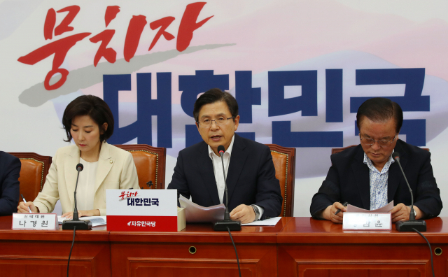 자유한국당 황교안 대표가 7일 여의도 국회에서 열린 당 대표 및 최고위원-중진의원 연석회의에서 발언하고 있다. 연합뉴스