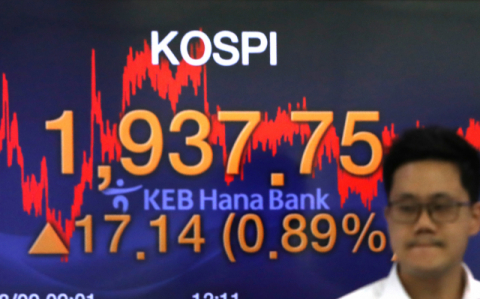 코스피가 9일 17.14포인트 오른 1,937.75로 장을 마감했다. 이날 오후 서울 중구 KEB 하나은행 딜링룸에서 한 딜러가 전광판 앞을 지나고 있다. 연합뉴스