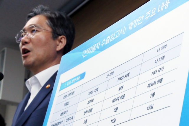 성윤모 산업통상자원부 장관이 12일 세종시 정부세종청사 산업통상자원부에서 일본을 한국 백색국가에서 제외하는 전략물자수출입고시 변경을 발표하고 있다. 전략물자 수출입고시 개정안 주요 내용을 알리는 안내문이 옆에 놓여 있다. 연합뉴스