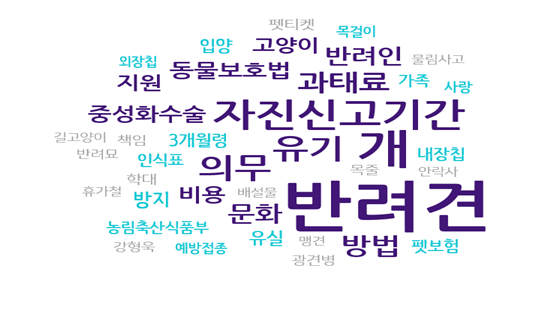 반려동물 등록제와 관련해 검색된 단어들을 빈도수와 관계성에 따라 조합해 놓은 워드클라우드. 단어의 글씨가 클 수록 출현빈도가 높다는 의미다. 텍스톰 제공.