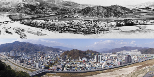 황산에서 바라본 김천시 모습(사진 위는 1910년, 아래는 현재). 김천시 제공