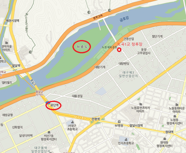 하중도 인근 도시철도 3호선 공단역(왼쪽 아래), 노곡교1 정류장(오른쪽 위). 네이버지도