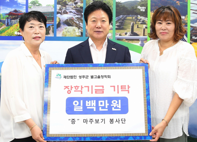 성주군 마주보기 봉사단 박외경(왼쪽) 회장이 이병환 성주군수에게 장학금을 전달하고 있다. 성주군 제공