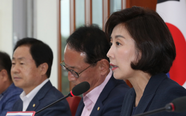 자유한국당 나경원 원내대표가 25일 오후 국회 원내대표실에서 열린 조국 인사청문회 대책TF회의에서 발언하고 있다. 연합뉴스