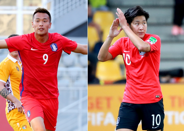 중국 프로축구 무대에서 맹활약 중인 장신 공격수 김신욱(상하이 선화)이 처음으로 벤투호에 승선했다. 올해 국제축구연맹(FIFA) 20세 이하(U-20) 월드컵에서 한국의 준우승을 이끌고 골든볼을 수상한 이강인(발렌시아)도 축구국가대표팀에 합류한다. 파울루 벤투 축구대표팀 감독은 26일 오전 서울 종로구 신문로 축구회관에서 9월 A매치(국가대표팀간 경기)에 참가할 소집 선수 26명의 명단을 발표했다. 사진은 태극전사 유니폼을 입을 김신욱(왼쪽)과 성인 대표팀에 재승선한 이강인. 연합뉴스