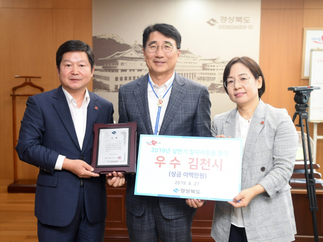 경상북도 주관 2019년 일자리 창출 추진실적 평가에서 우수상을 받은 김천시 관계자들이 전우헌 경상북도 부지사와 기념촬영을 하고 있다. 김천시 제공