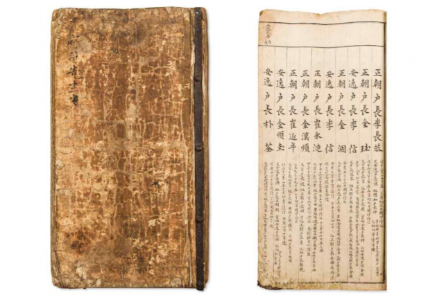 보물 제2038호로 지정된 경주부사선생안(구안) 표지(왼쪽)와 내지. 문화재청 제공