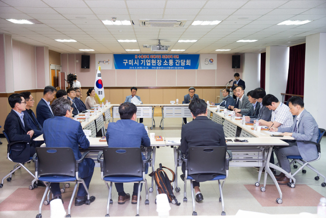 구미시 종합비즈니스지원센터에서 열린 일본 수출규제 피해기업 지원 대책 마련을 위한 기업현장 소통 간담회에서 장세용 구미시장을 비롯한 중소기업 임직원들이 의견을 나누고 있다. 구미시 제공