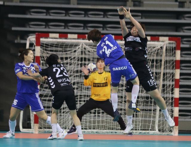 1일 오전 서울 송파구 SK핸드볼경기장에서 열린 제100회 전국체육대회 핸드볼 여자 대학·일반부 4강전 부산시설공단(부산)과 대구시청(대구)의 경기. 전반전 대구 조하랑이 슛을 하고 있다. 연합뉴스