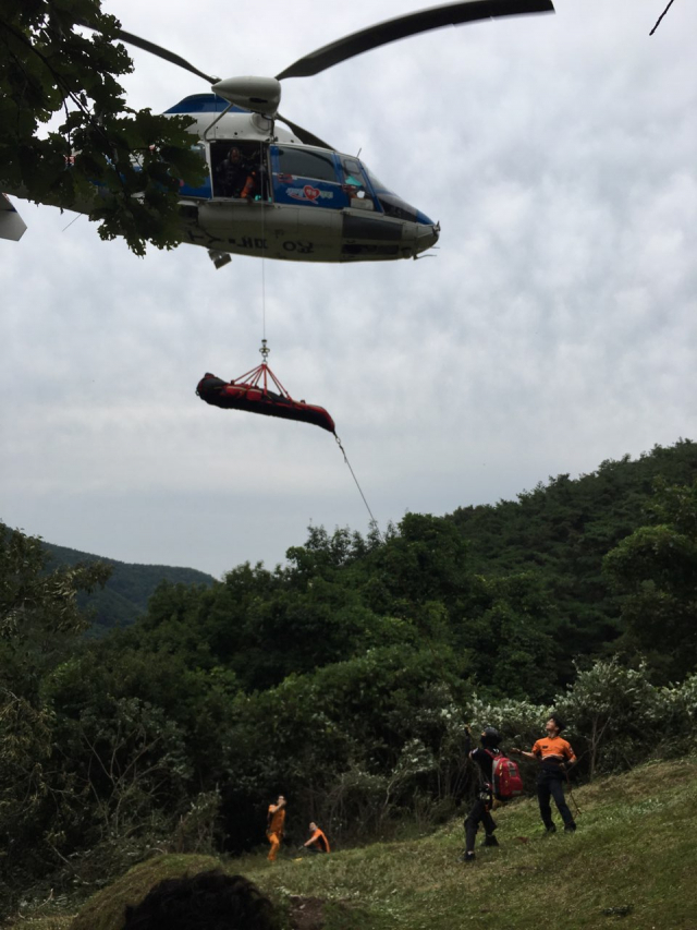 1일 경북 청도군 각남면 야산에서 발생한 벌 쏘임 사고자가 구조되는 모습. 경북소방본부 제공