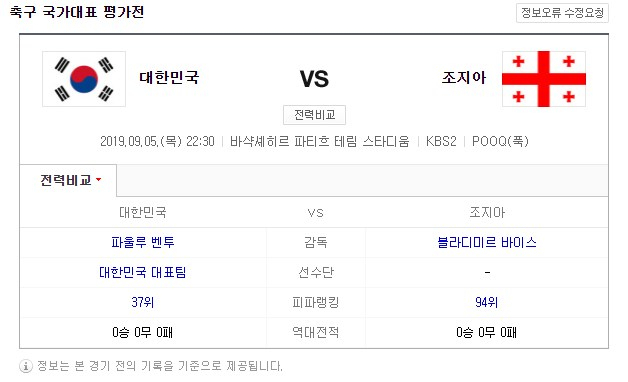 한국-조지아 축구 국가대표 평가전이 5일 오후 10시 30분 터키 이스탄불 바샥셰히르 파티흐 테림 스타디움에서 열린다. 네이버 캡처