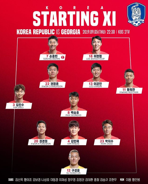 대한민국 VS 조지아 전 선발명단 
