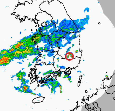 대구 상공 비구름. 오후 3시 40분 기준. 기상청