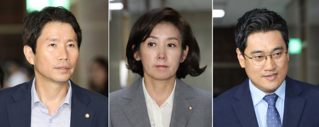 더불어민주당 이인영(왼쪽부터), 자유한국당 나경원, 바른미래당 오신환 원내대표가 16일 오후 회동을 위해 국회 운영위원장실로 들어서고 있다. 연합뉴스
