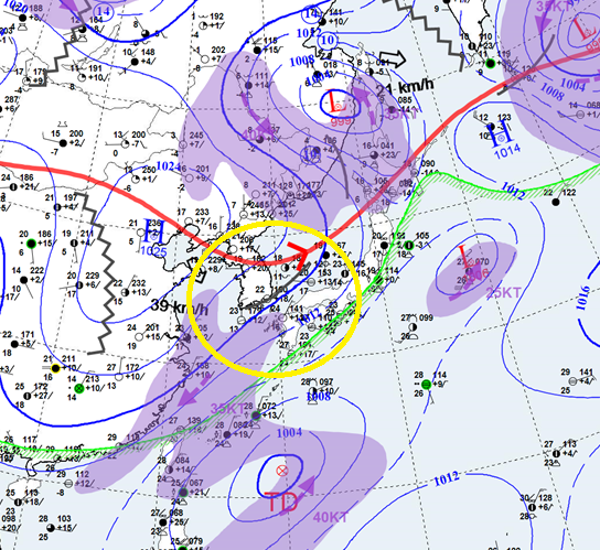 19일 오전 9시 기준 한반도 주변 일기도 기압 배치 상황. 노란원 내에 제주도 남동쪽~대한해협~울릉도·독도 일대쯤(파란선)이 동쪽 북태평양 고기압(H)의 가장자리이다. 맨 아래