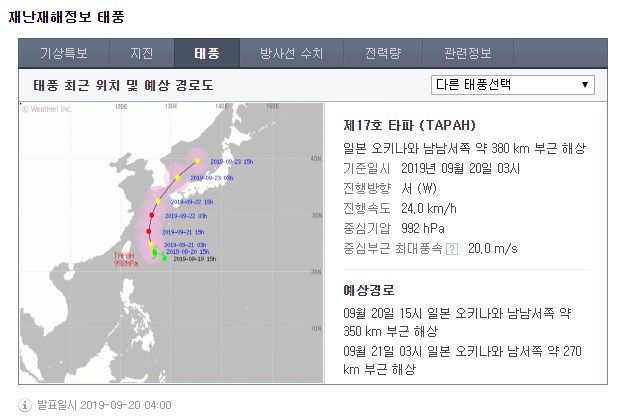 주말인 21, 22일 제17호 태풍 타파 영향으로 전국이 흐리고 비가 내리겠다. 네이버 캡처