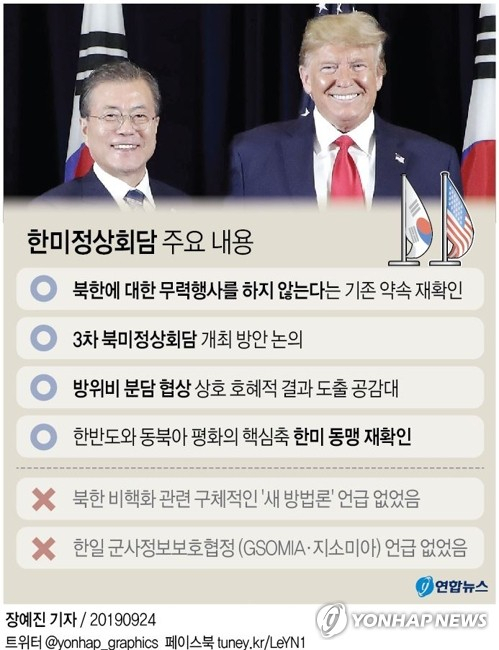 문재인 대통령과 도널드 트럼프 미국 대통령은 23일 오후(현지시간) 열린 한미정상회담에서 북한에 대한 무력행사를 하지 않는다는 기존의 약속을 재확인했다고 청와대 고위관계자가 밝혔다. 연합뉴스
