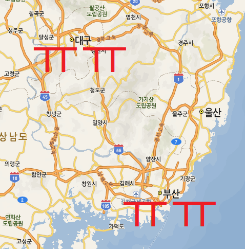 매달 인구 순유출 통계에서 1, 2위를 다투는 대구와 부산. 네이버 지도