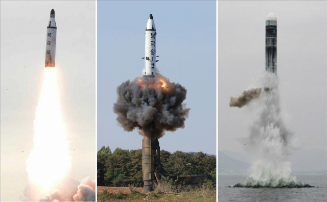 왼쪽부터 북한이 2016년 8월 시험발사한 잠수함발사탄도미사일(SLBM) 