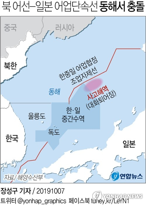 북한의 어선과 일본 정부의 어업 단속선이 동해상에서 충돌했다고 NHK와 교도통신 등이 7일 보도했다. 연합뉴스