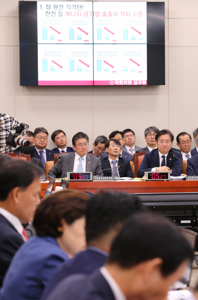 7일 오전 열린 국회 산업통상자원중소벤처기업위원회의 산업통상자원부 국정감사에서 성윤모 산업통상자원부 장관이 자유한국당 김규환 의원이 질의하며 게시한 탈원전과 관련한 내용을 바라보고 있다. 연합뉴스