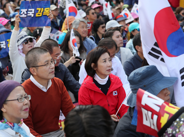 자유한국당 황교안 대표와 나경원 원내대표가 9일 오후 서울 광화문광장에서 범보수단체 주최로 열린 