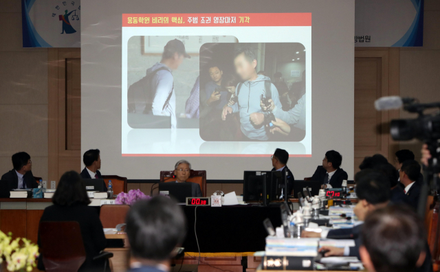 11일 오전 대구고등법원에서 열린 국회 법제사법위원회의 2019년 대구고등·지방·가정법원, 부산고등·지방·가정법원, 울산지방·가정법원, 창원지방법원에 대한 국정감사에서 자유한국당 정점식 의원이 조국 법무부 장관 동생의 영장기각에 대해 자료사진을 띄우며 질의하고 있다. 연합뉴스