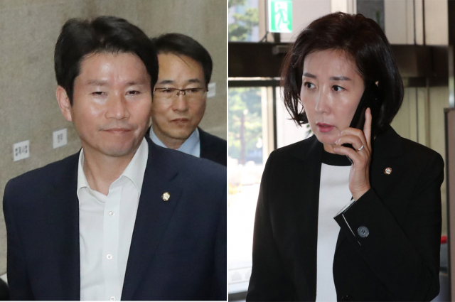 조국 법무부 장관 사퇴 소식이 전해진 14일 오후 더불어민주당 이인영 원내대표가 국회 당대표실에서 열린 고위전략회의에 참석하고 있다(사진 왼쪽). 이날 오후 자유한국당 나경원 원내대표도 전화를 받으며 국회로 들어서고 있다. 연합뉴스
