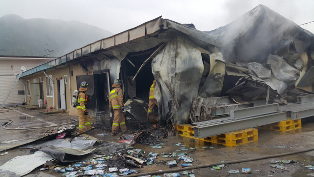 17일 오전 불이 난 경북 청송군 주왕산면 청송사과유통센터. 소방대원들이 잔불을 정리하고 있다. 안동소방서 제공