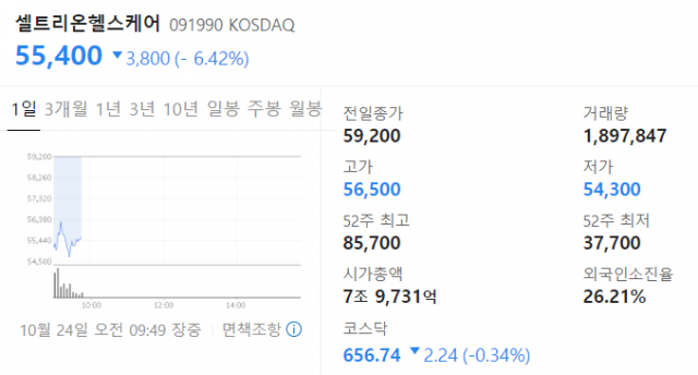 셀트리온헬스케어[091990]가 24일 유가증권시장에서 하락세를 보이고 있다. 네이버 금융