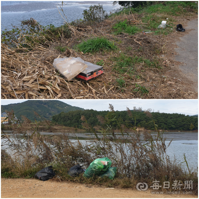 호민저수지 주변으로 낚시꾼들이 버리거나 버린 것으로 추정되는 쓰레기들이 곳곳에 발견됐다. 윤영민 기자
